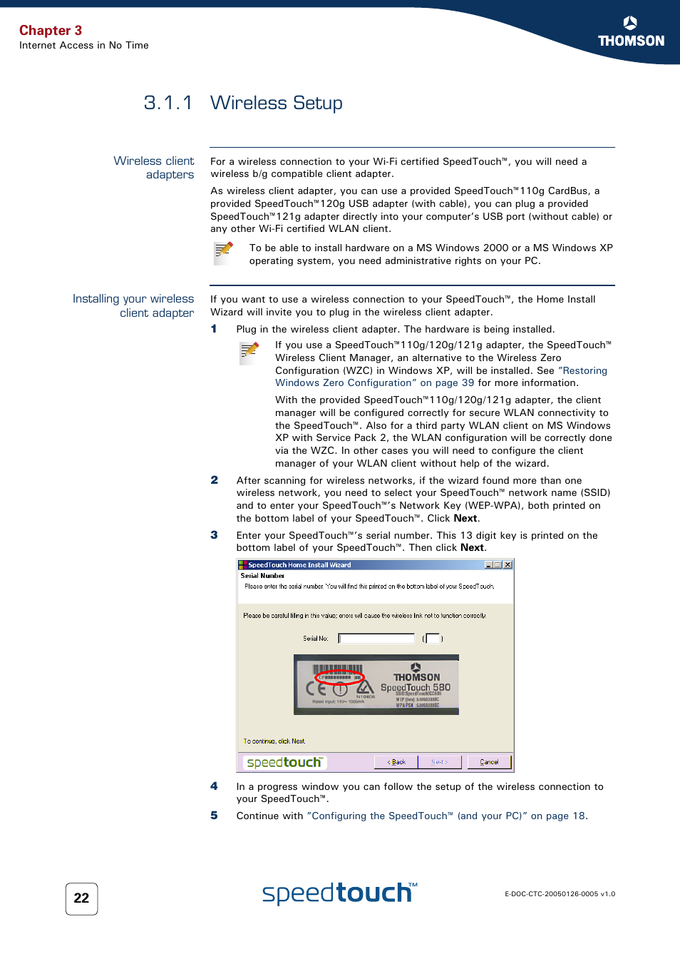 1 wireless setup, Wireless client adapters, Installing your wireless client adapter | Wireless setup, Less : go to, Chapter 3 | RCA SpeedTouch 580 User Manual | Page 24 / 46