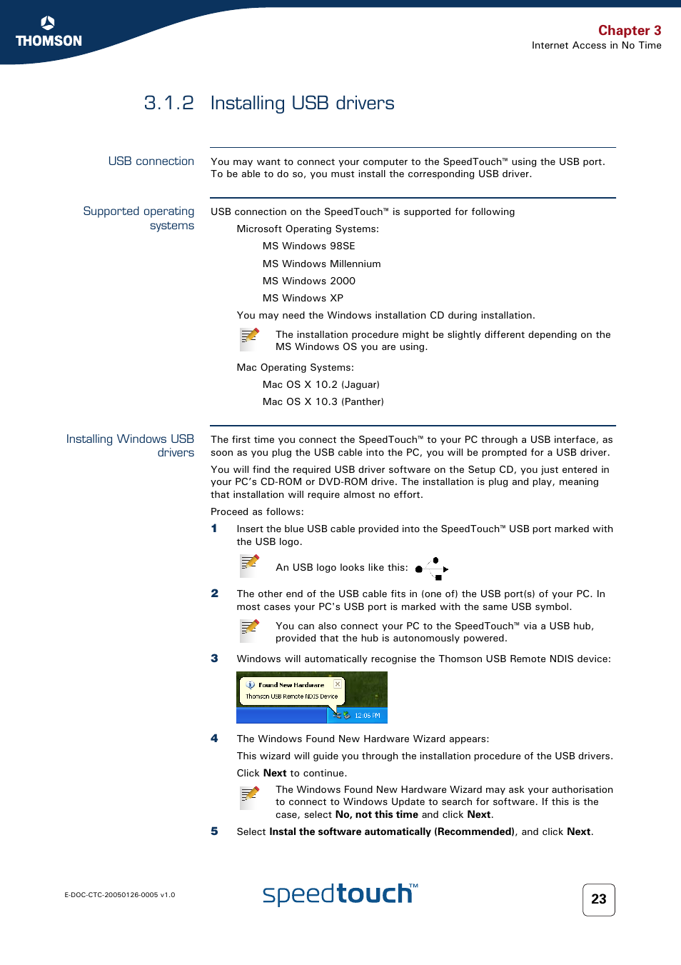 2 installing usb drivers, Usb connection, Supported operating systems | Installing windows usb drivers, Installing usb drivers, Chapter 3 | RCA SpeedTouch 580 User Manual | Page 25 / 46