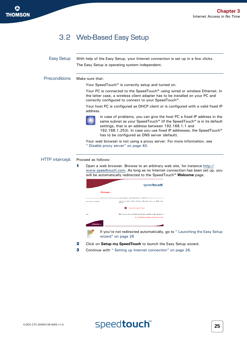 2 web-based easy setup, Easy setup, Preconditions | Http intercept, Web-based easy setup, 2 web-based, Http, Chapter 3 | RCA SpeedTouch 580 User Manual | Page 27 / 46