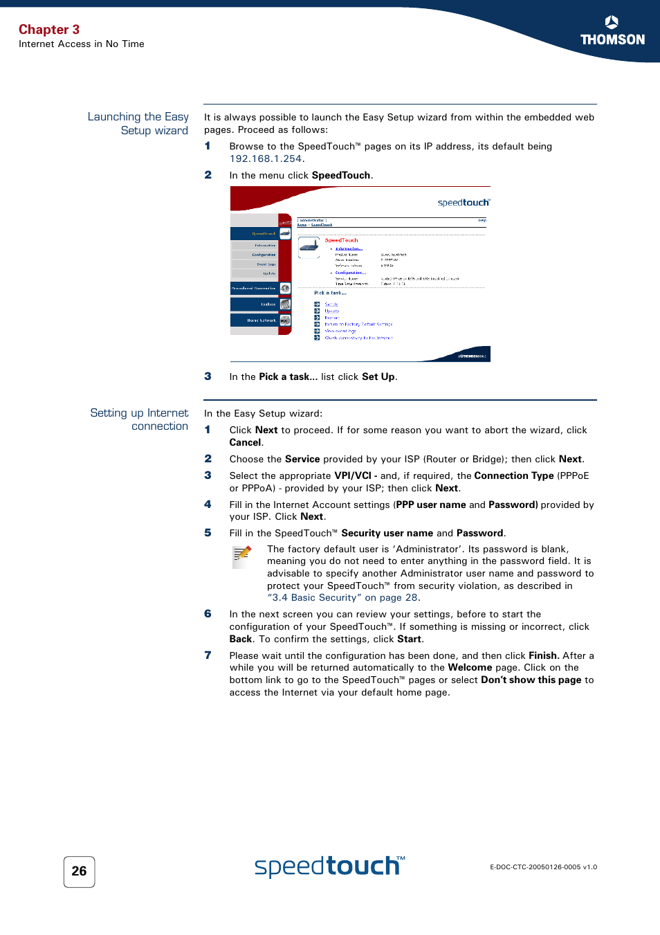 Launching the easy setup wizard, Setting up internet connection, Launching the easy setup | Chapter 3 | RCA SpeedTouch 580 User Manual | Page 28 / 46