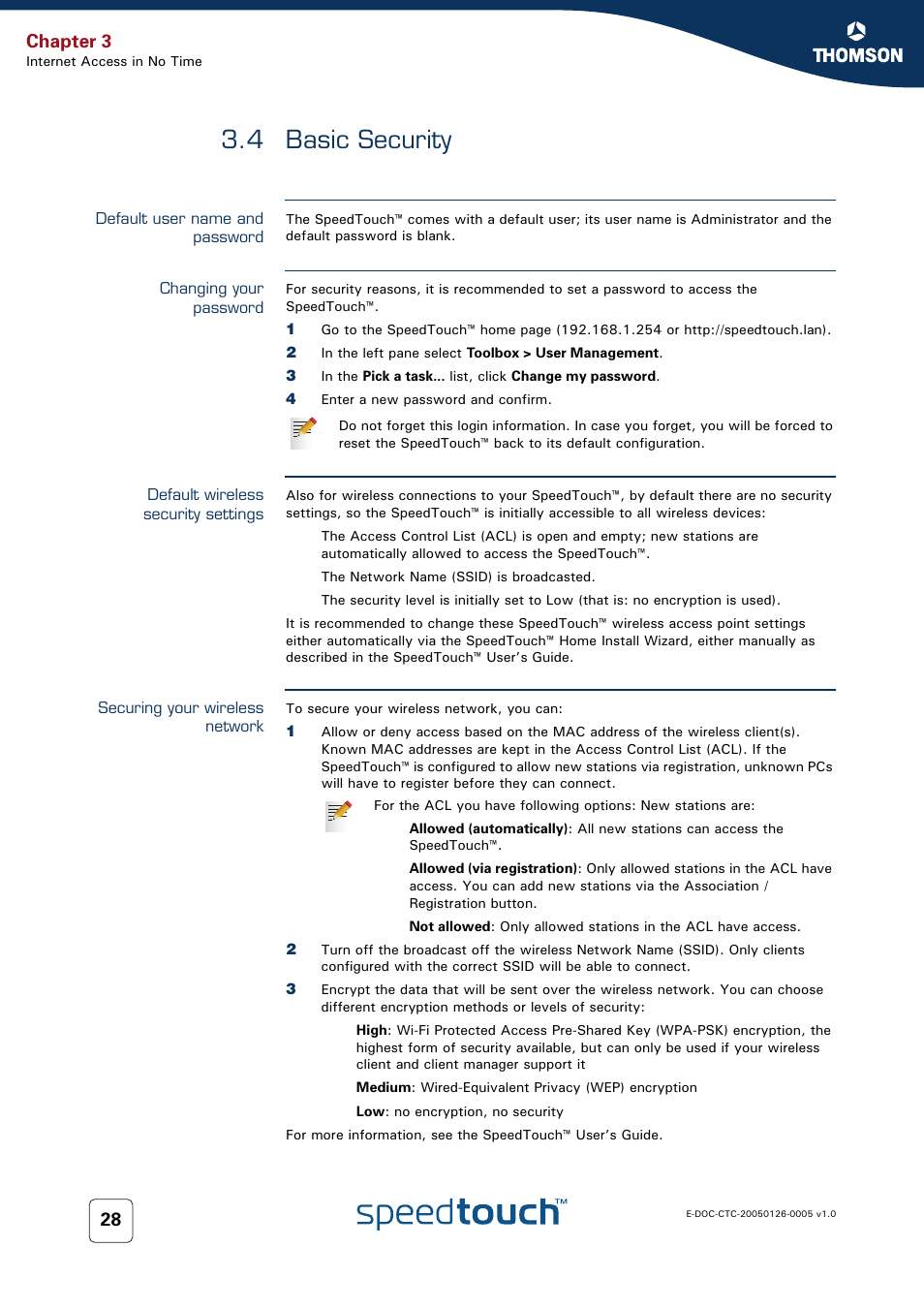 4 basic security, Default user name and password, Changing your password | Default wireless security settings, Securing your wireless network, Basic security, Ures, see, Securing your, Chapter 3 | RCA SpeedTouch 580 User Manual | Page 30 / 46