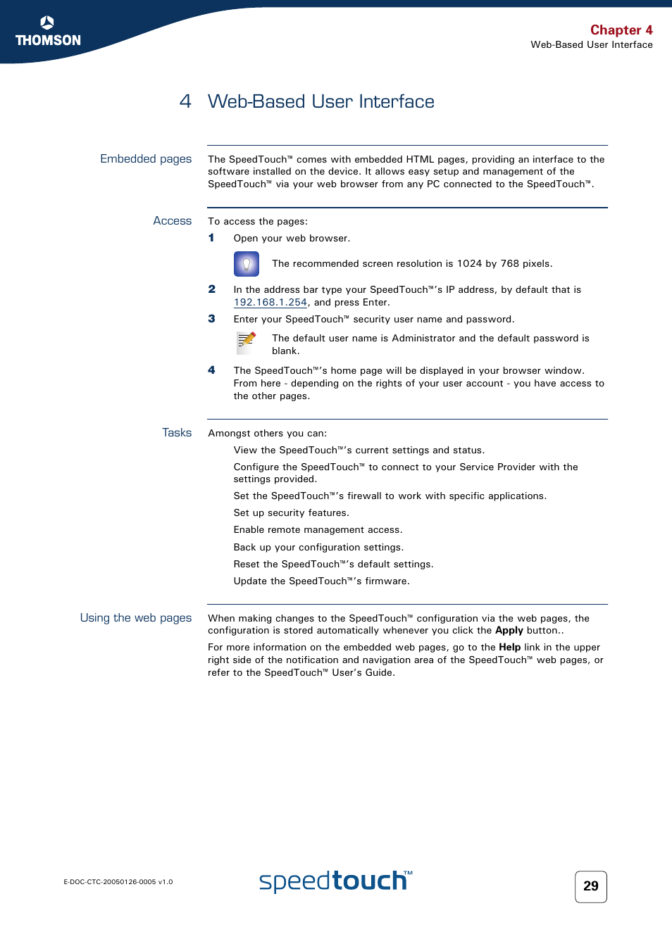 4 web-based user interface, Access, Tasks | Web-based user interface, Chapter 4 | RCA SpeedTouch 580 User Manual | Page 31 / 46