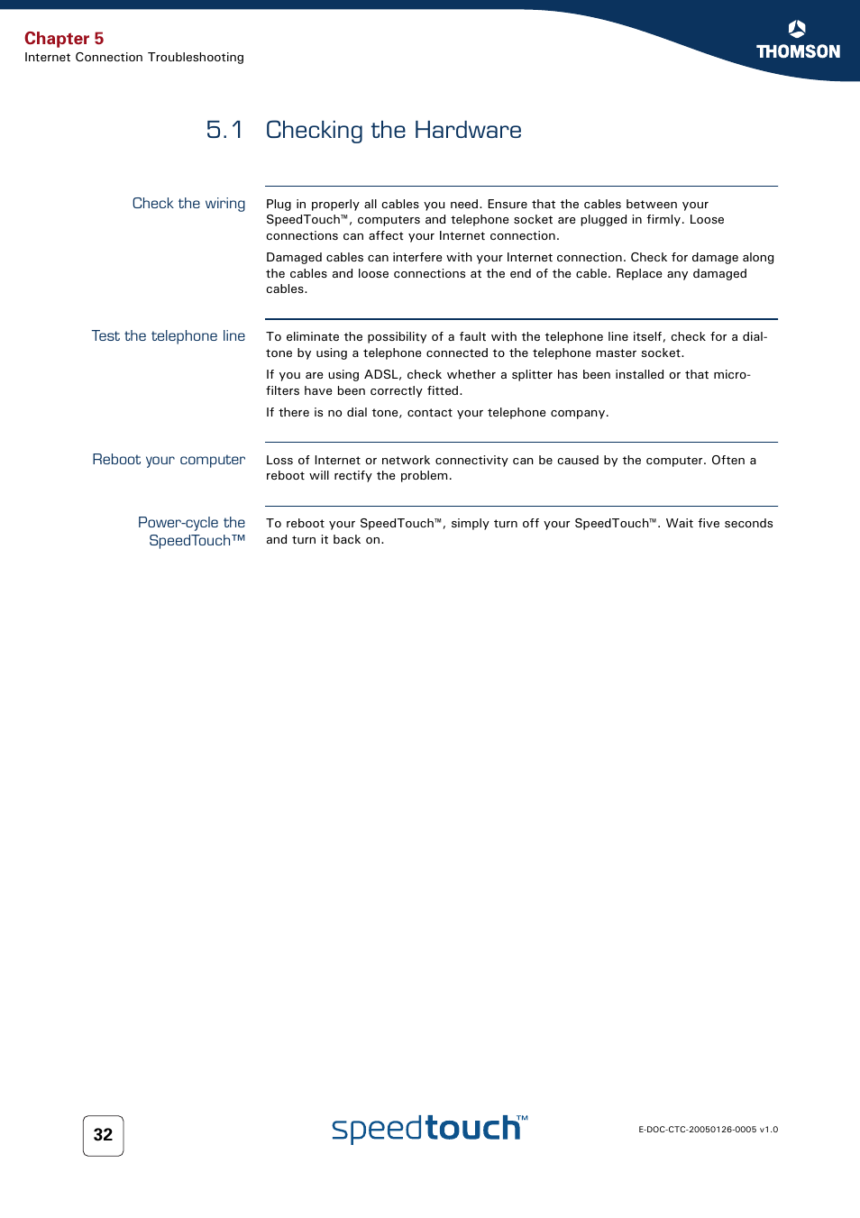 1 checking the hardware, Check the wiring, Test the telephone line | Reboot your computer, Power-cycle the speedtouch, Checking the hardware, Chapter 5 | RCA SpeedTouch 580 User Manual | Page 34 / 46