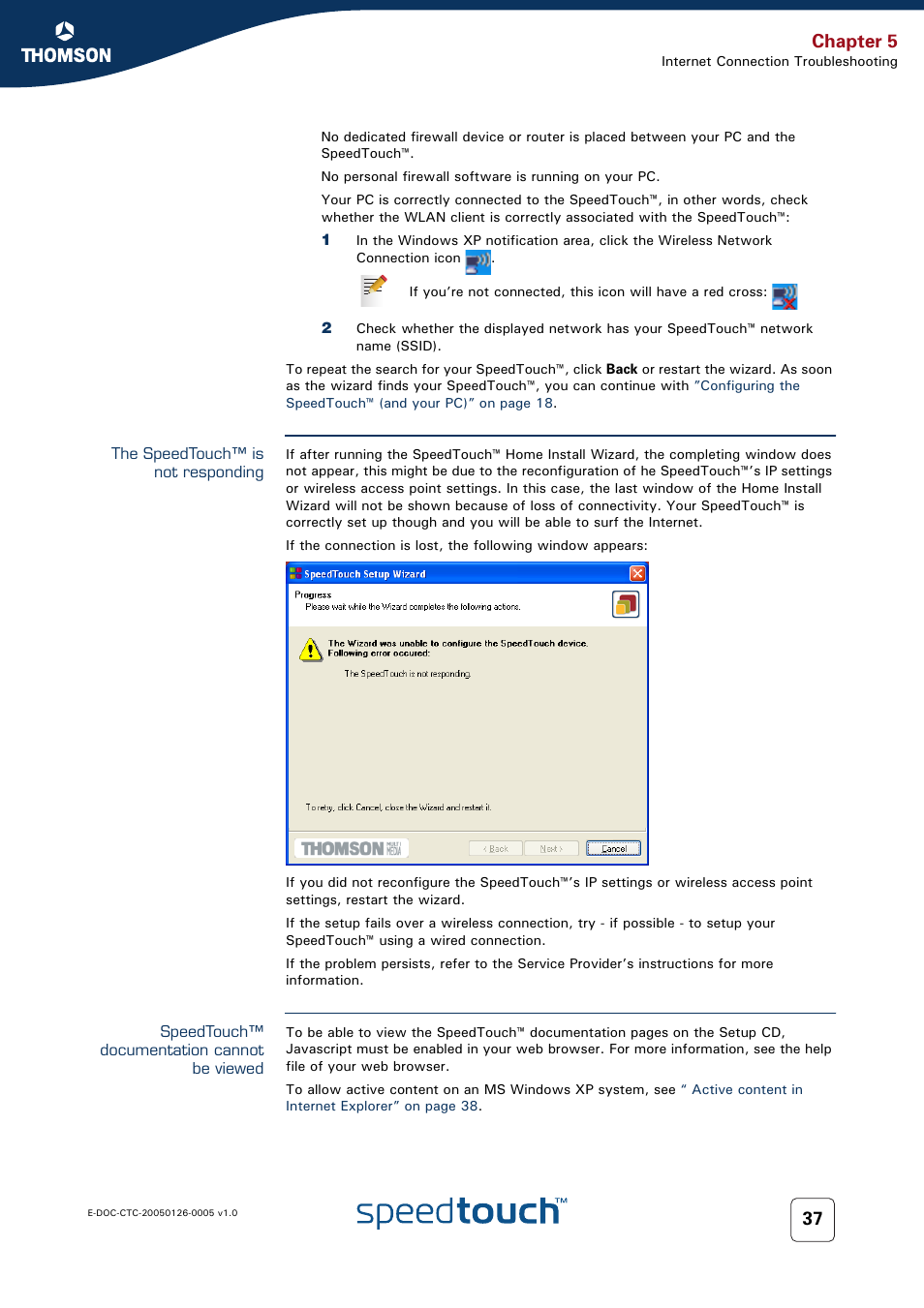 The speedtouch™ is not responding, Speedtouch™ documentation cannot be viewed, Chapter 5 | RCA SpeedTouch 580 User Manual | Page 39 / 46