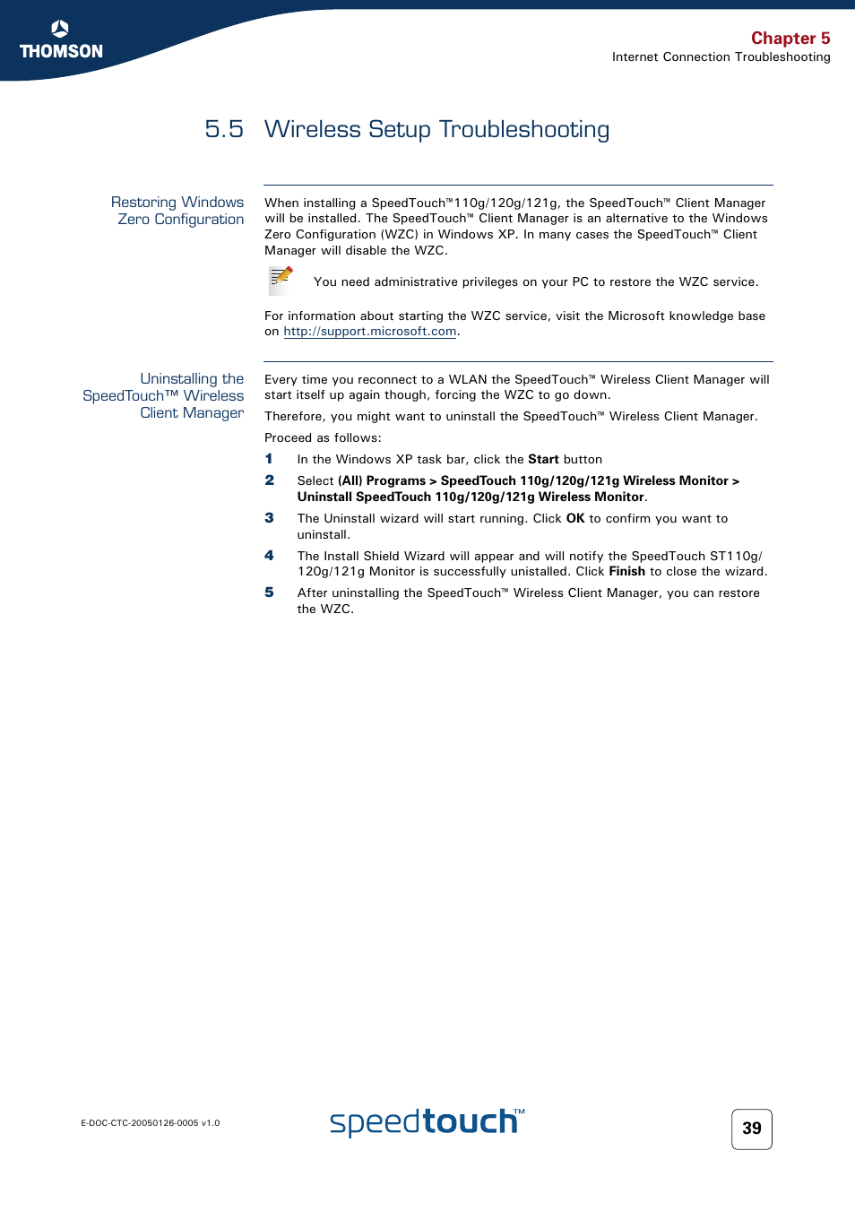 5 wireless setup troubleshooting, Restoring windows zero configuration, Wireless setup troubleshooting | Restoring, Chapter 5 | RCA SpeedTouch 580 User Manual | Page 41 / 46