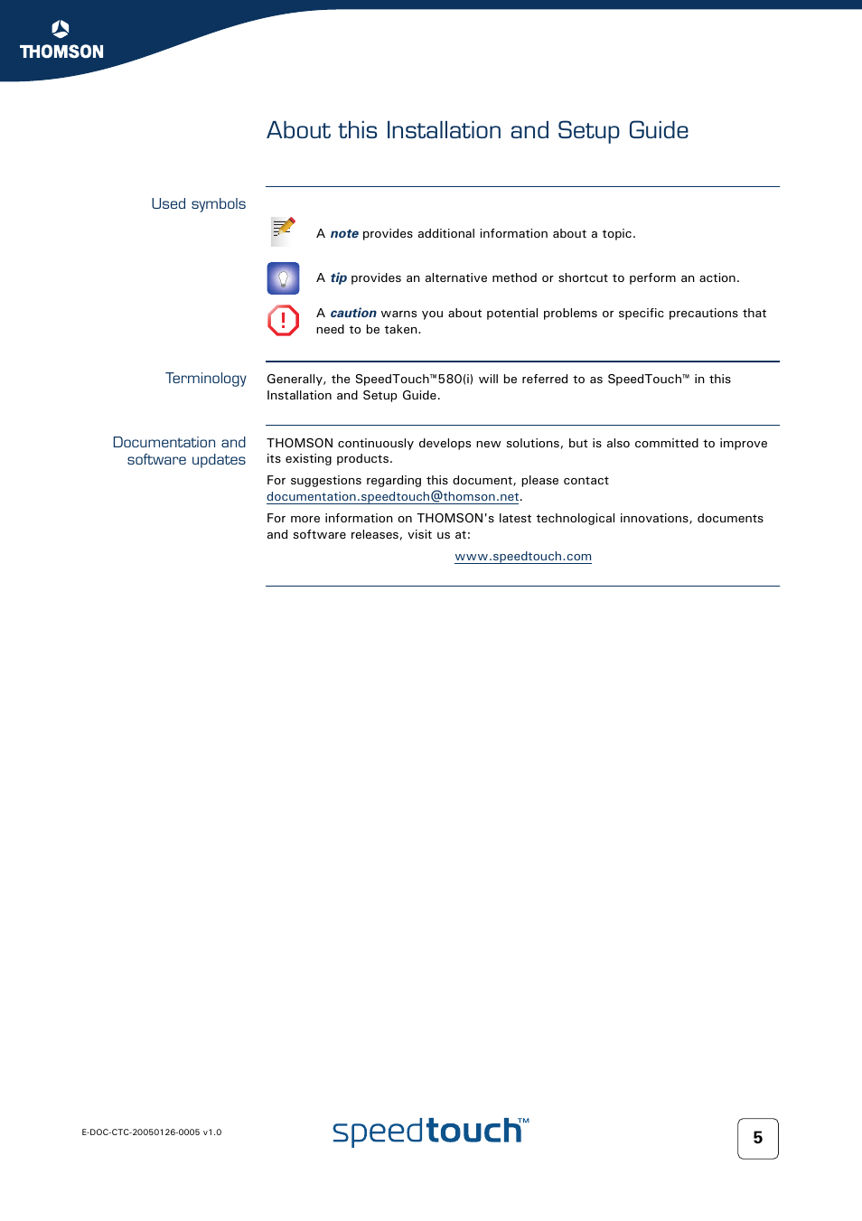 About this installation and setup guide, Used symbols, Terminology | Documentation and software updates | RCA SpeedTouch 580 User Manual | Page 7 / 46