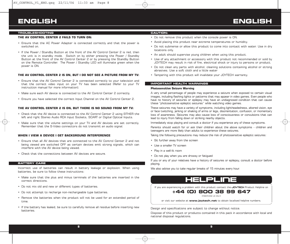 Helpline, English | RCA JOYTECHTM AV CONTROL CENTER 2 User Manual | Page 5 / 5