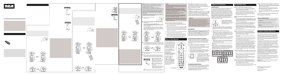 Care and maintenance, Code retrieval, Accessing device menus and guides | Exiting menu/guide mode, Backlighting | RCA RCR311STN User Manual | Page 2 / 4