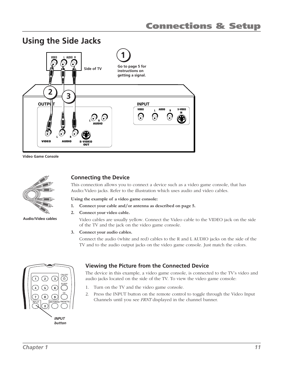 Using the side jacks, Connections & setup, Connecting the device | Viewing the picture from the connected device, Chapter 1 11 | RCA 27F534T User Manual | Page 13 / 48