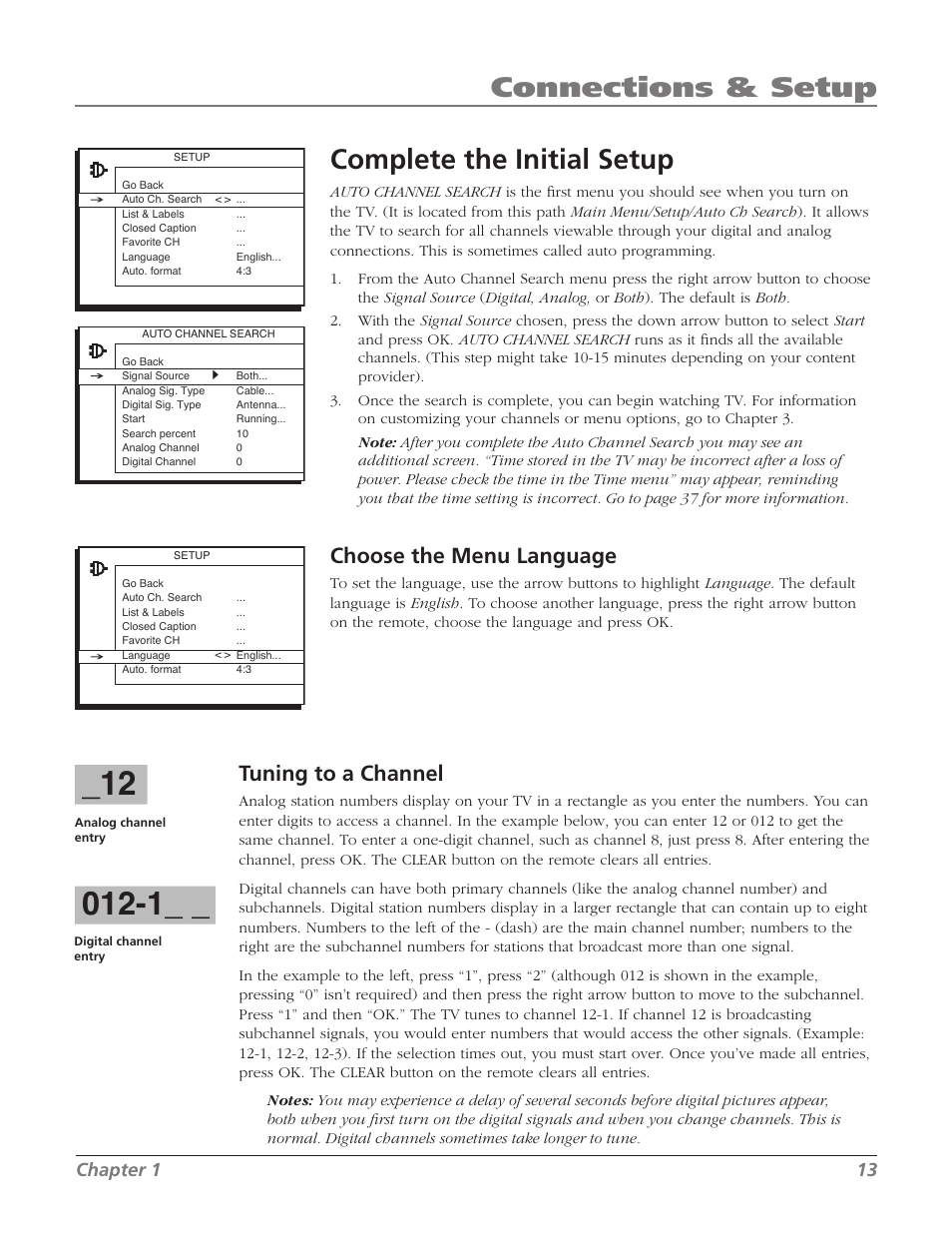 Complete the initial setup, Connections & setup, Tuning to a channel | Choose the menu language, Chapter 1 13 | RCA 27F534T User Manual | Page 15 / 48