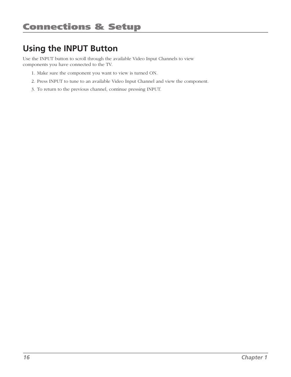 Using the input button, Connections & setup | RCA 27F534T User Manual | Page 18 / 48