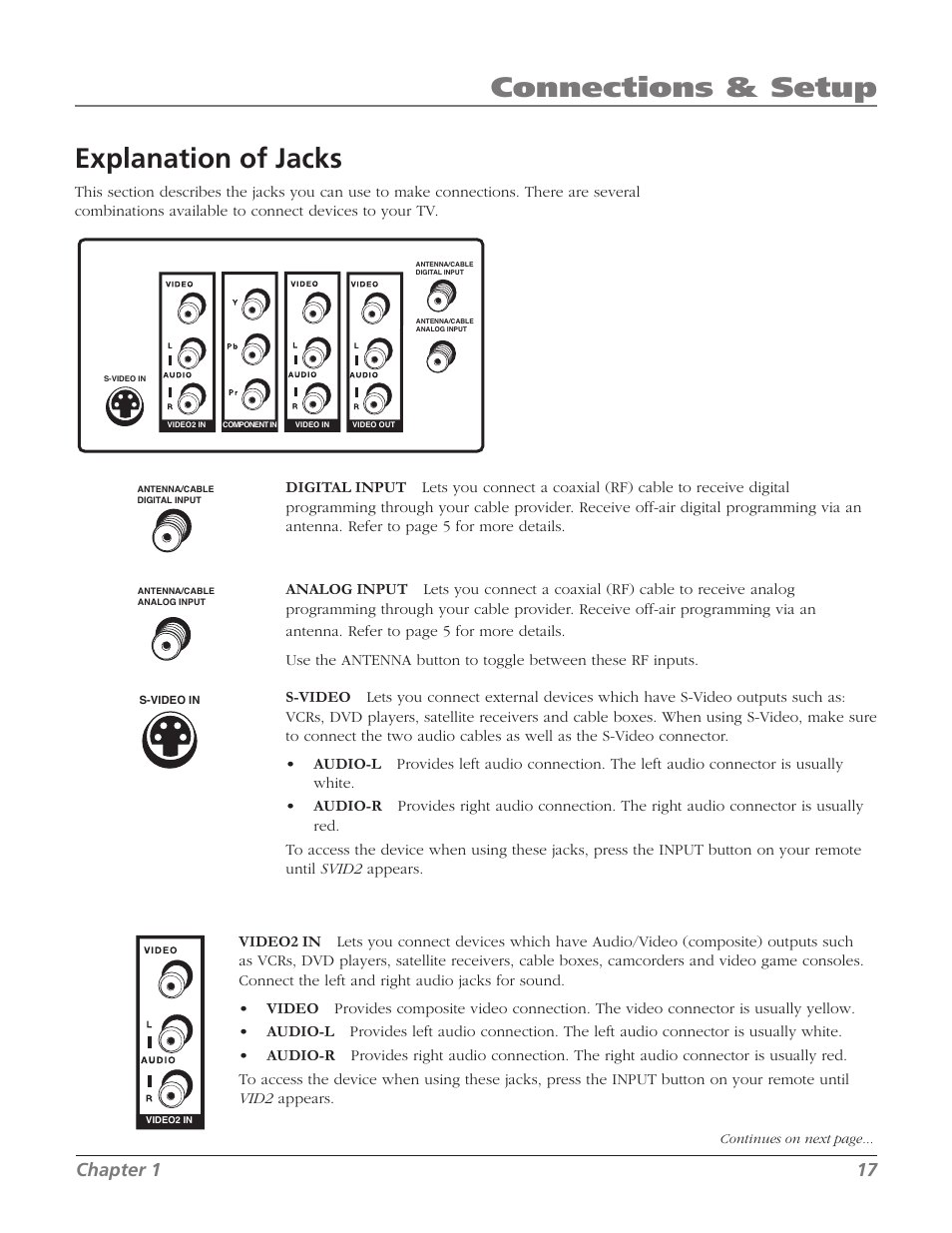 Explanation of jacks, Connections & setup, Chapter 1 17 | RCA 27F534T User Manual | Page 19 / 48