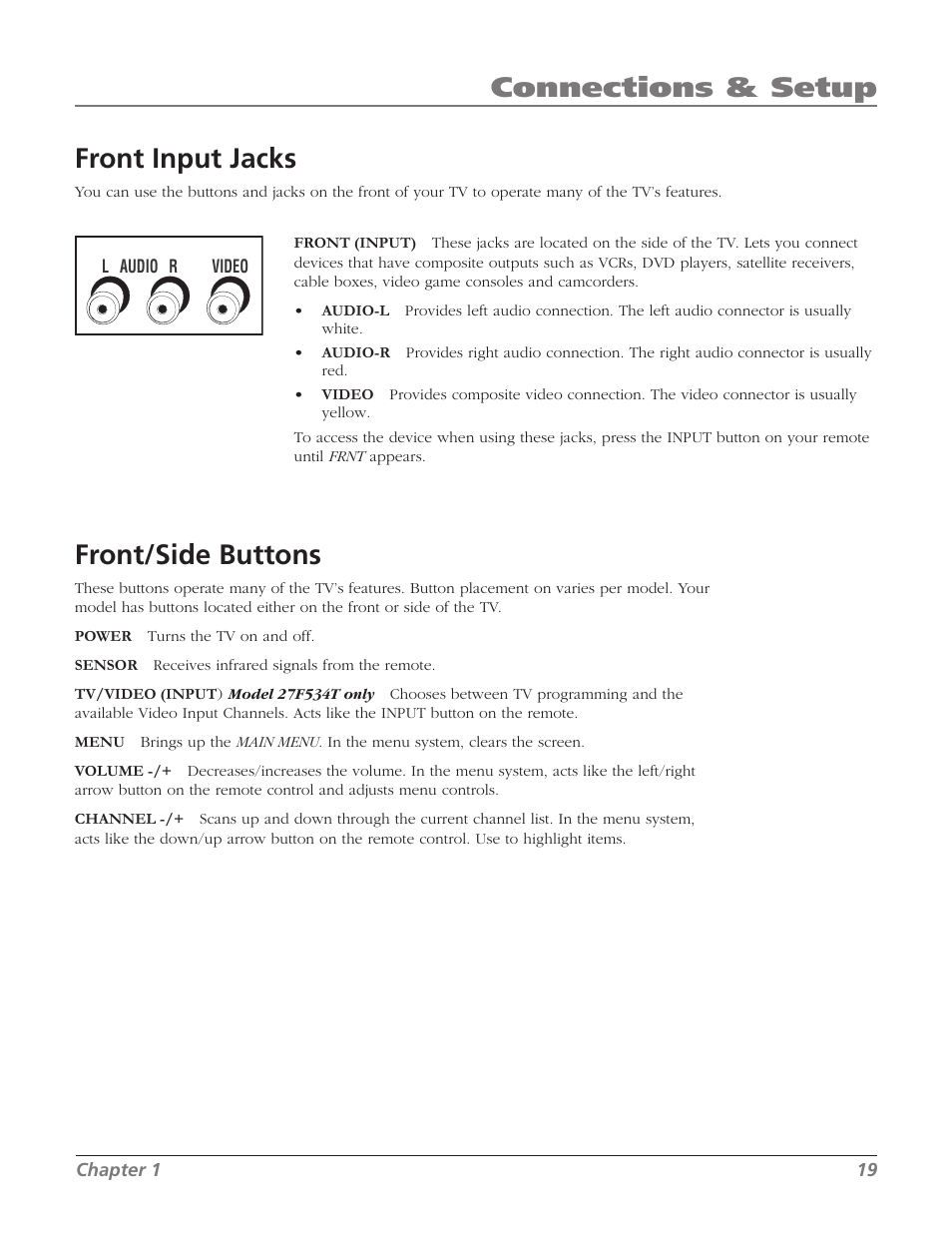 Front input jacks, Front/side buttons, Connections & setup | RCA 27F534T User Manual | Page 21 / 48