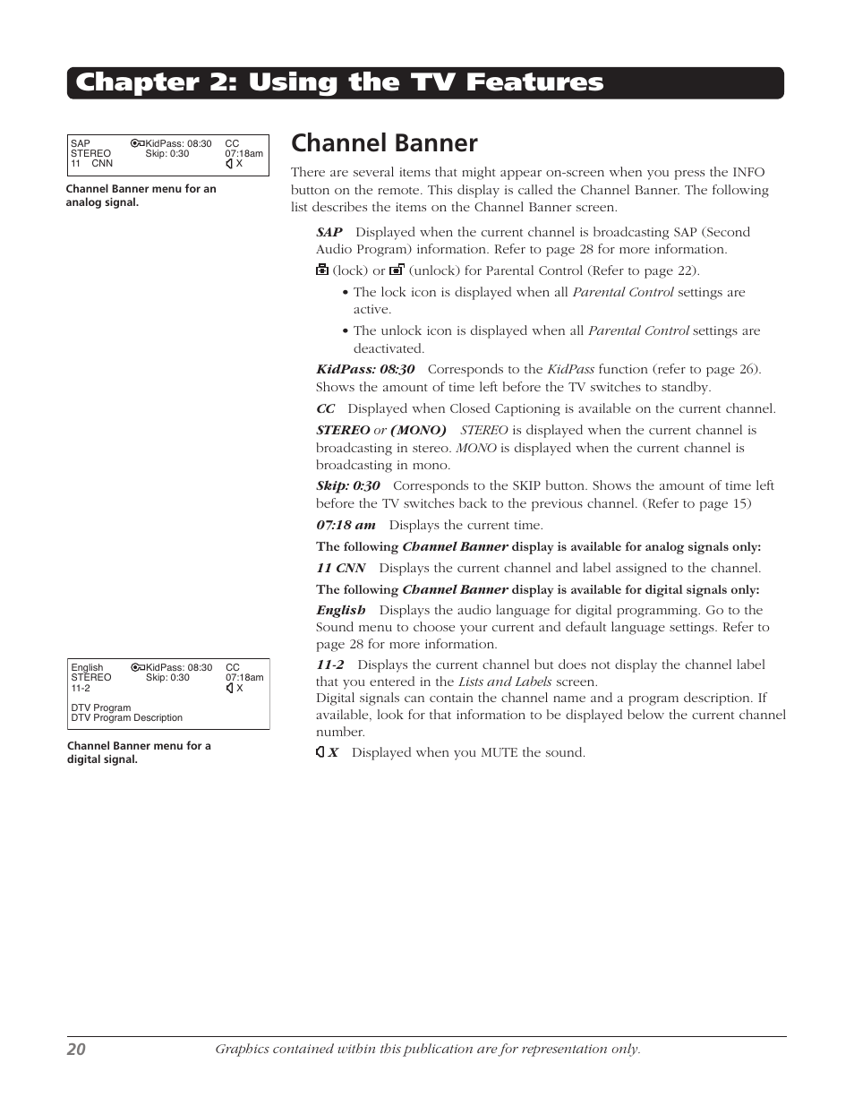 Channel banner, Chapter 2: using the tv features | RCA 27F534T User Manual | Page 22 / 48