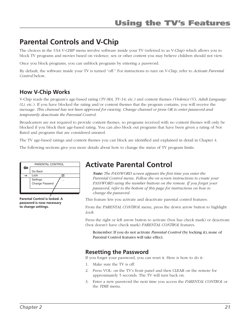 Parental controls and v-chip, Activate parental control, Using the tv’s features | How v-chip works, Resetting the password | RCA 27F534T User Manual | Page 23 / 48