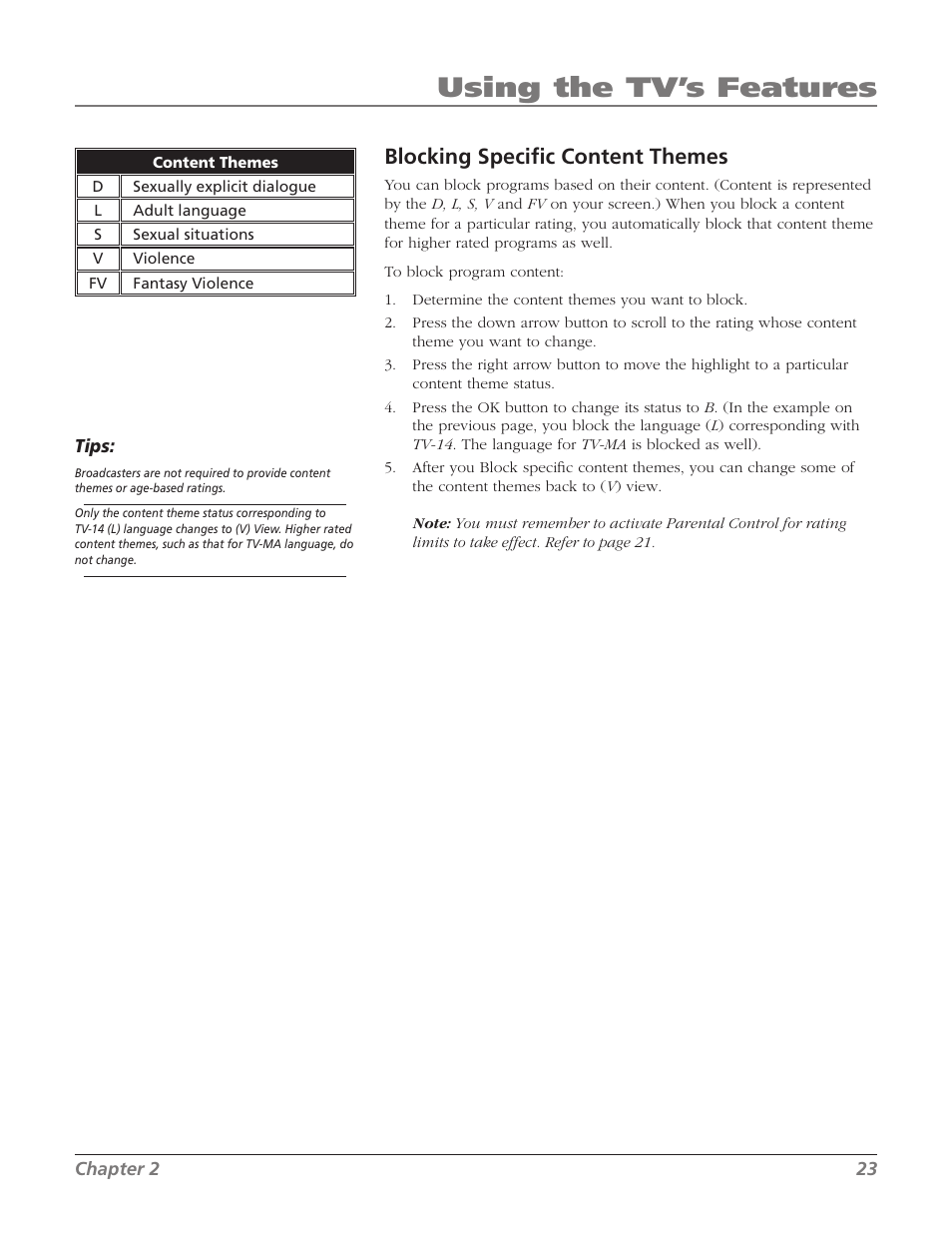 Using the tv’s features, Blocking speciﬁc content themes | RCA 27F534T User Manual | Page 25 / 48