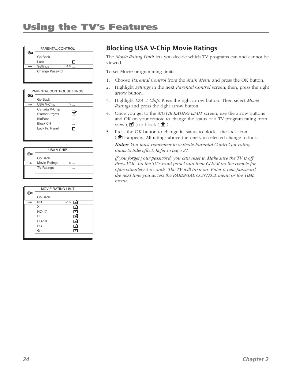 Using the tv’s features, Blocking usa v-chip movie ratings, 24 chapter 2 | RCA 27F534T User Manual | Page 26 / 48