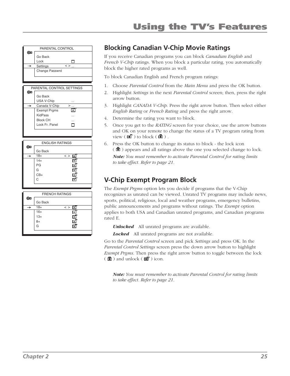 Using the tv’s features, Blocking canadian v-chip movie ratings, V-chip exempt program block | Chapter 2 25 | RCA 27F534T User Manual | Page 27 / 48