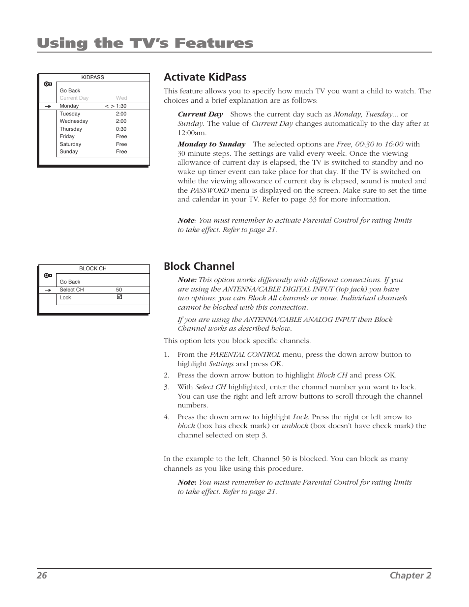 Using the tv’s features, Activate kidpass, Block channel | 26 chapter 2 | RCA 27F534T User Manual | Page 28 / 48