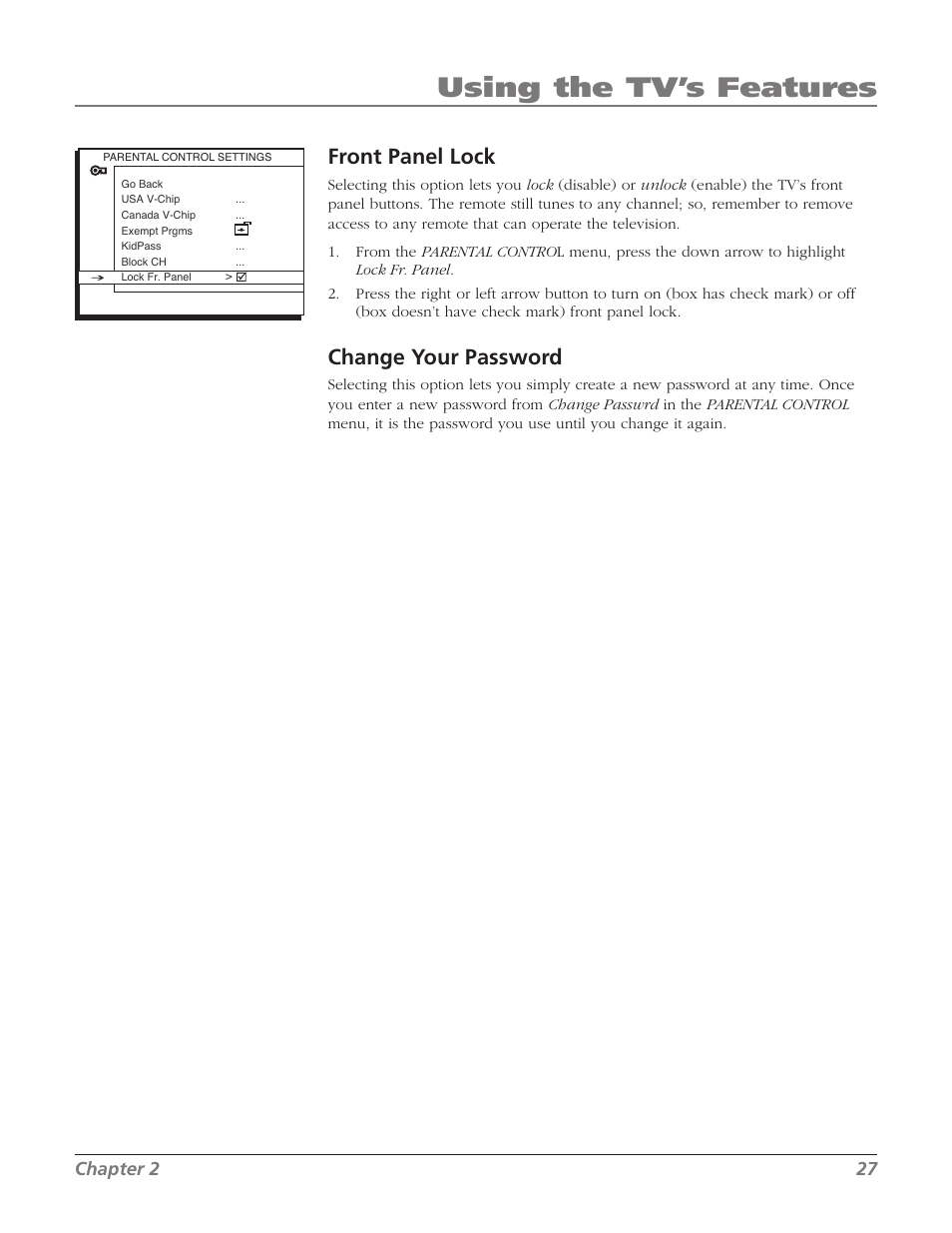 Using the tv’s features, Front panel lock, Change your password | Chapter 2 27 | RCA 27F534T User Manual | Page 29 / 48