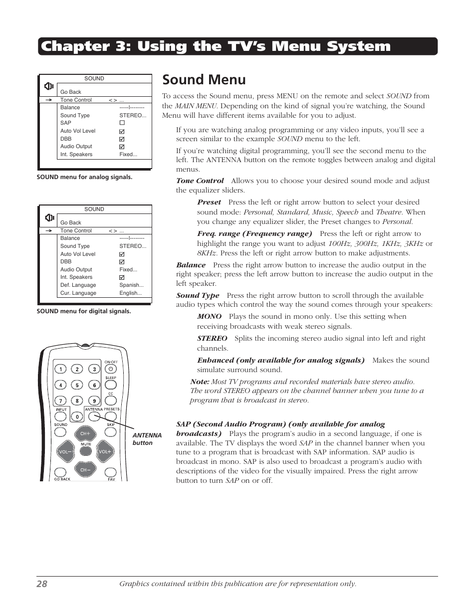 Sound menu, Chapter 3: using the tv’s menu system | RCA 27F534T User Manual | Page 30 / 48