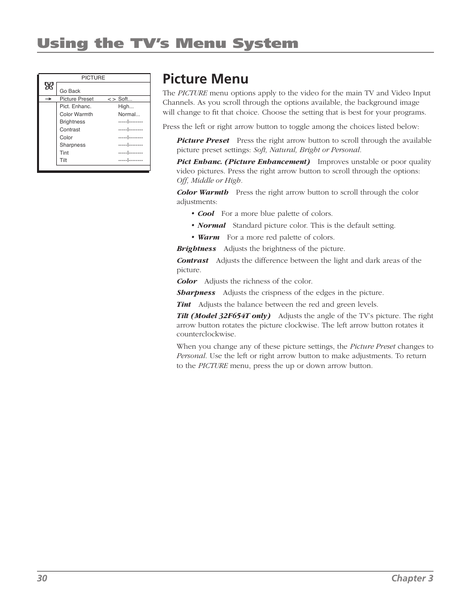 Picture menu, Using the tv’s menu system, 30 chapter 3 | RCA 27F534T User Manual | Page 32 / 48