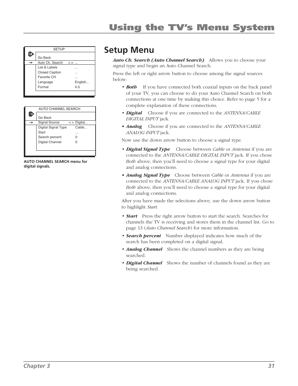 Setup menu, Using the tv’s menu system, Chapter 3 31 | RCA 27F534T User Manual | Page 33 / 48