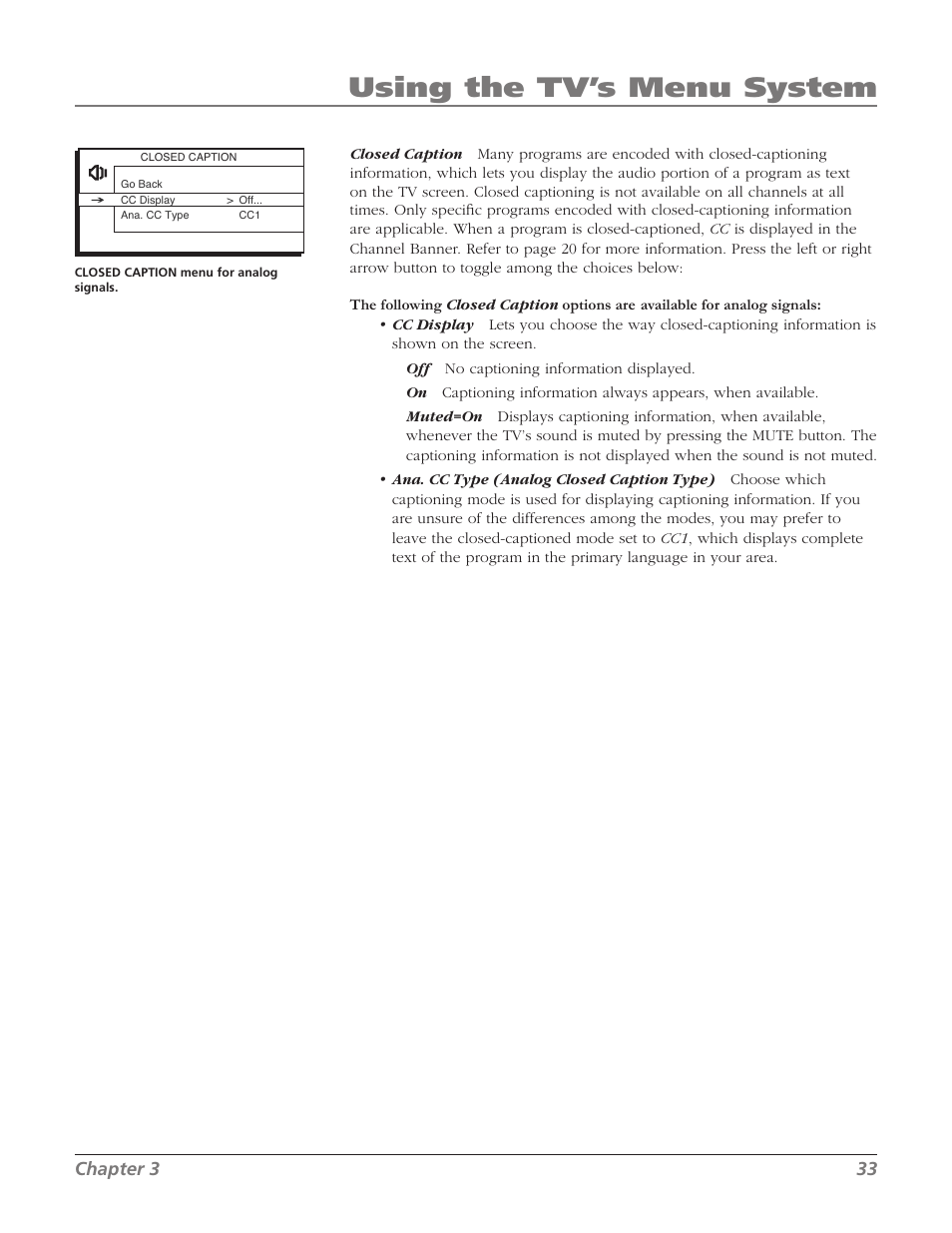 Using the tv’s menu system, Chapter 3 33 | RCA 27F534T User Manual | Page 35 / 48