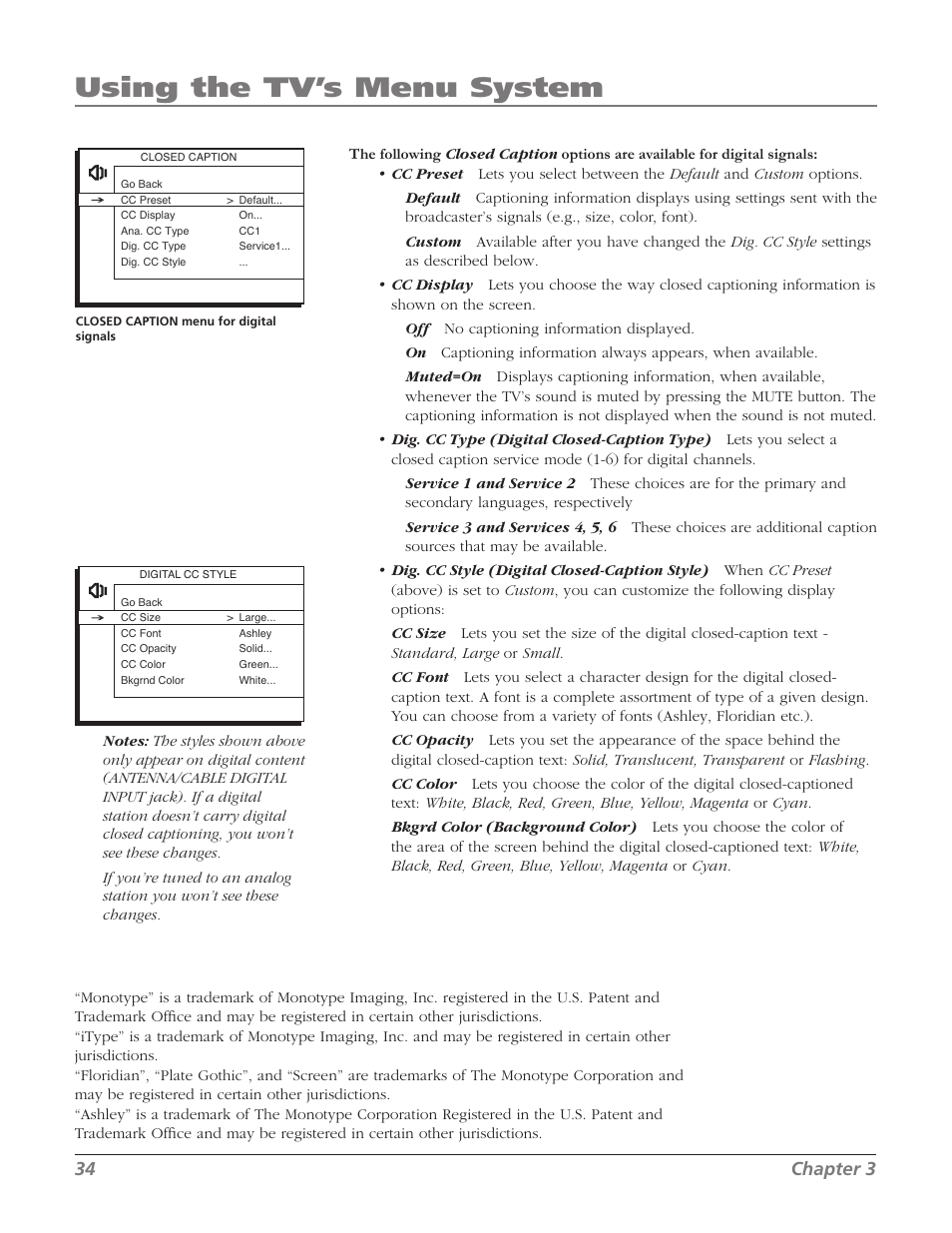 Using the tv’s menu system, 34 chapter 3 | RCA 27F534T User Manual | Page 36 / 48