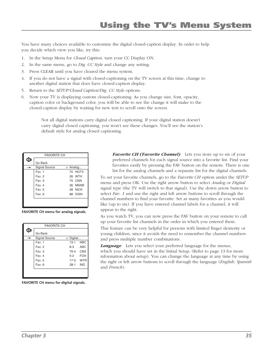 Using the tv’s menu system, Chapter 3 35 | RCA 27F534T User Manual | Page 37 / 48