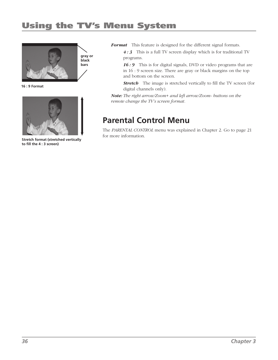 Parental control menu, Using the tv’s menu system | RCA 27F534T User Manual | Page 38 / 48