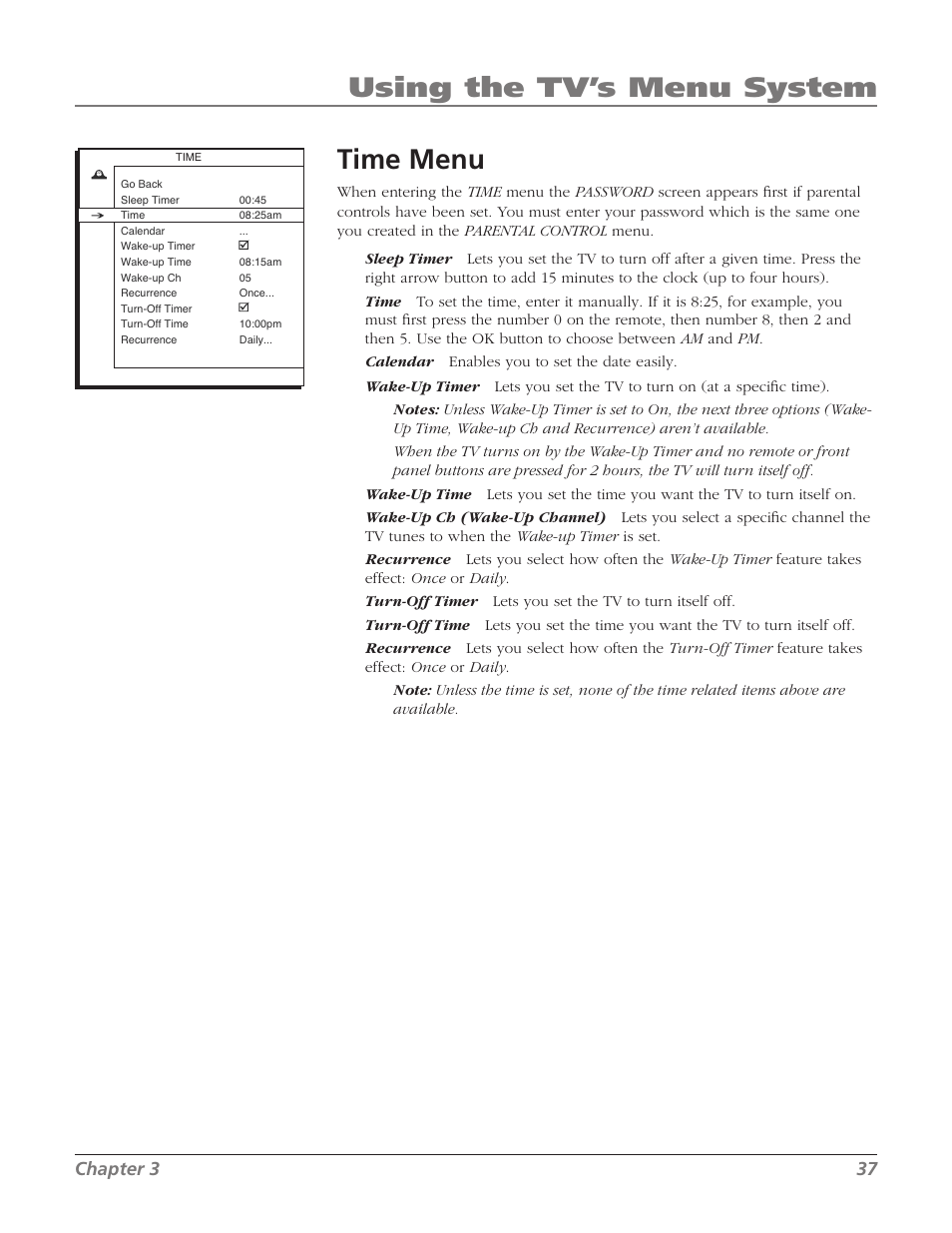Time menu, Using the tv’s menu system, Chapter 3 37 | RCA 27F534T User Manual | Page 39 / 48