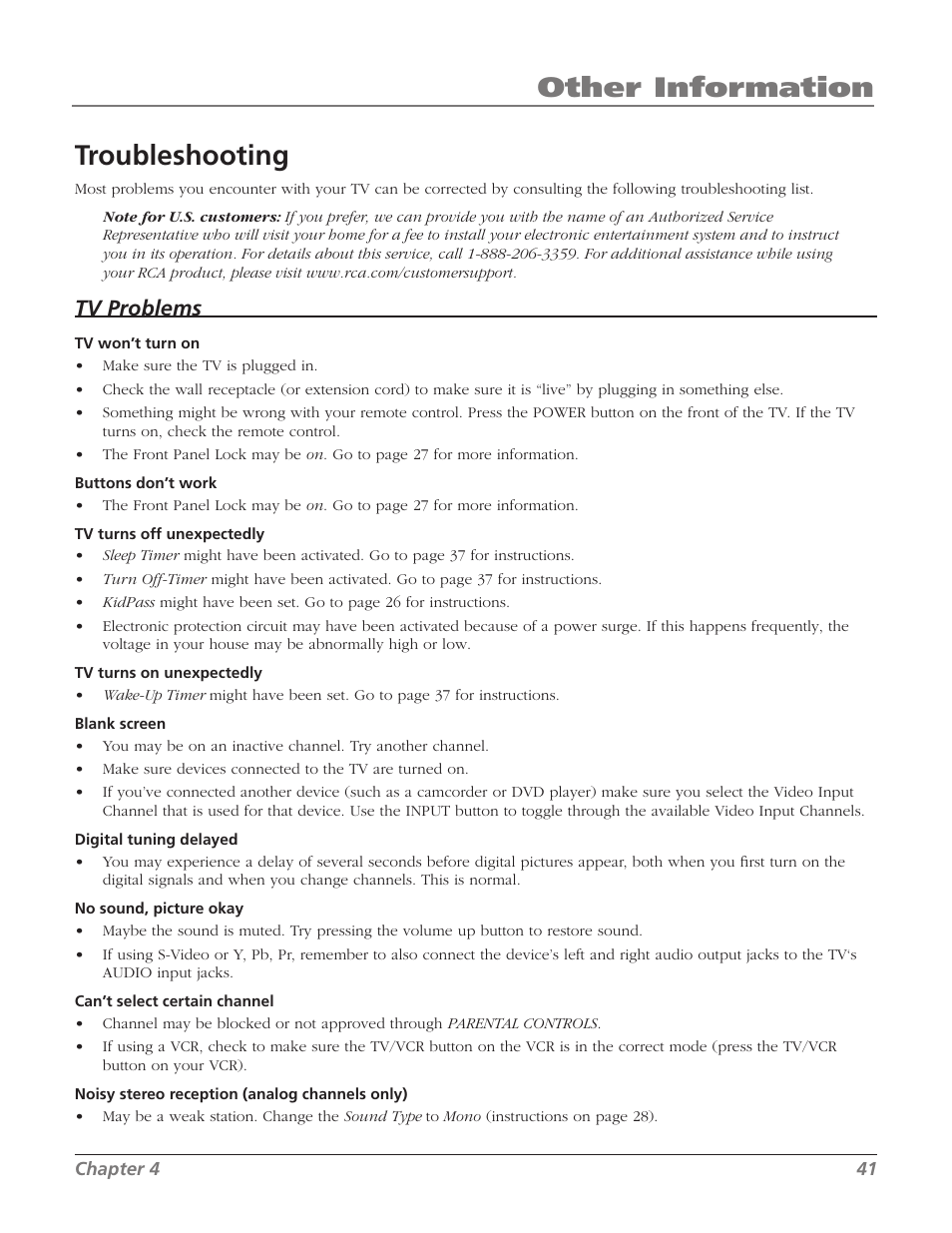 Other information troubleshooting, Tv problems | RCA 27F534T User Manual | Page 43 / 48