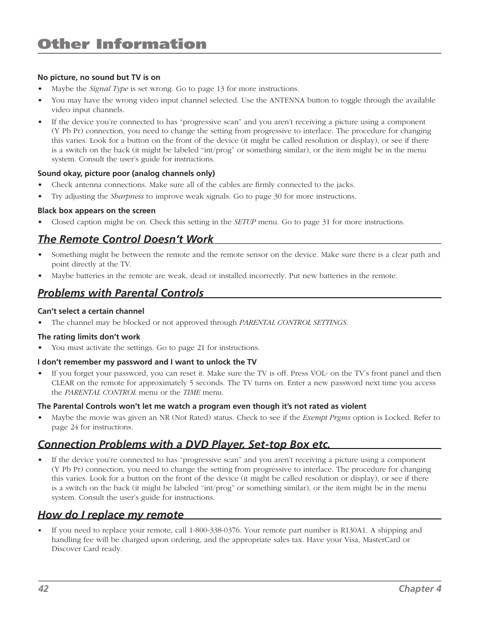 Other information, The remote control doesn’t work, Problems with parental controls | How do i replace my remote | RCA 27F534T User Manual | Page 44 / 48