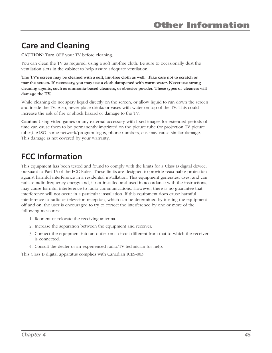 Other information fcc information, Care and cleaning | RCA 27F534T User Manual | Page 47 / 48