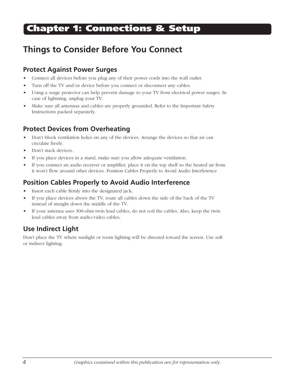 Things to consider before you connect, Chapter 1: connections & setup, Protect against power surges | Protect devices from overheating, Use indirect light | RCA 27F534T User Manual | Page 6 / 48