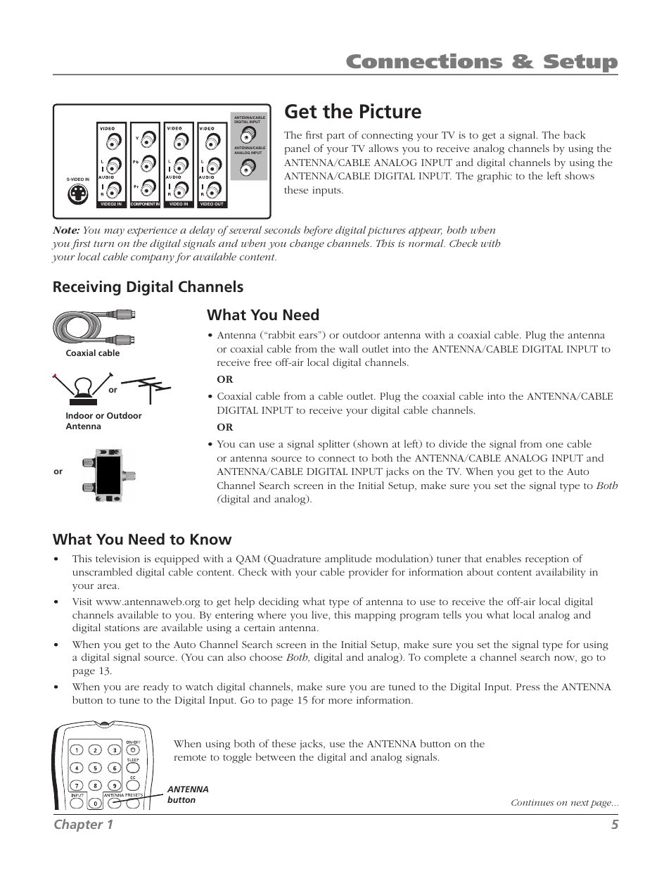 Get the picture, Connections & setup, What you need to know | Receiving digital channels, What you need, Chapter 1 5 | RCA 27F534T User Manual | Page 7 / 48