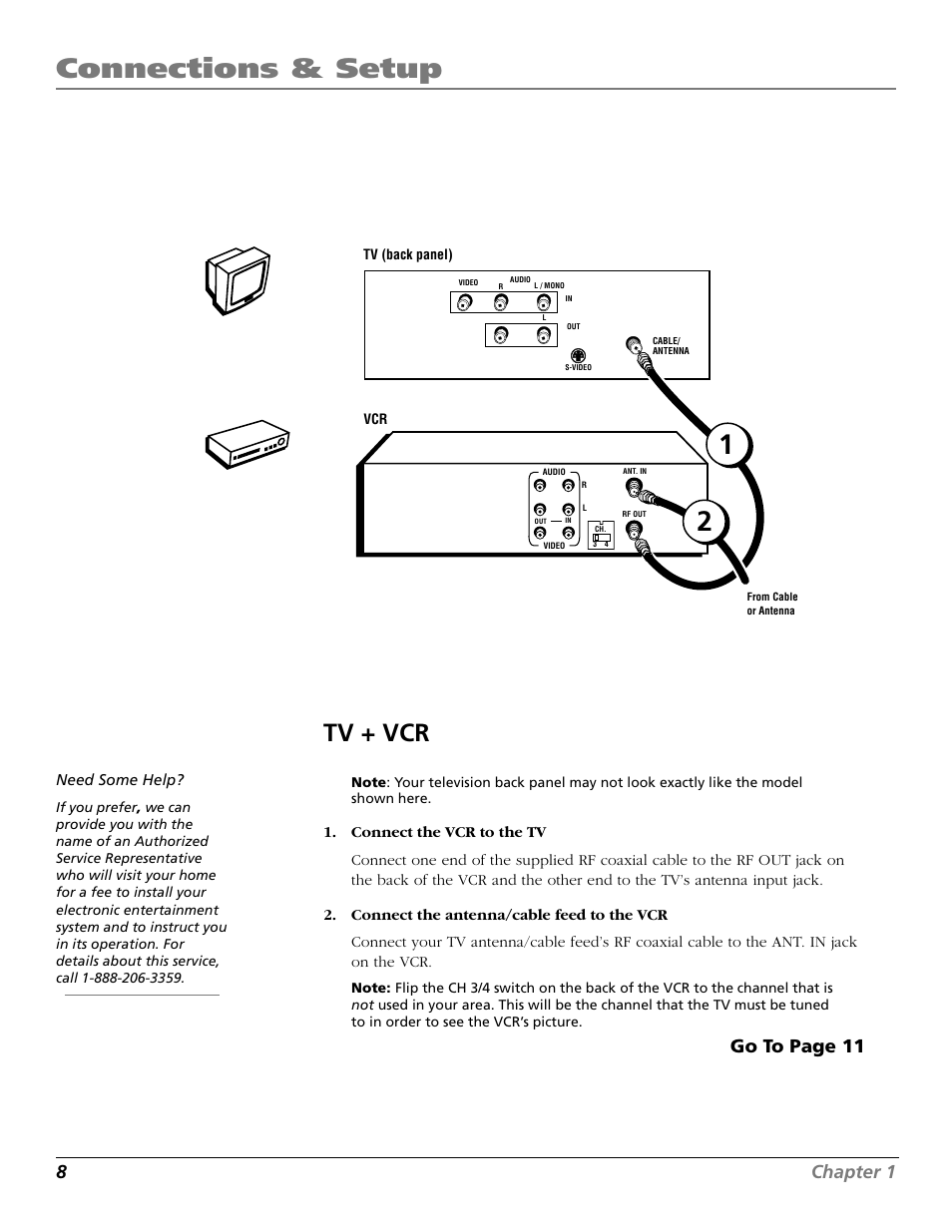 Tv + vcr, Connections, Connecting | Connections & setup, 8chapter 1, Go to page 11, Vcr tv | RCA VR706HF User Manual | Page 10 / 64