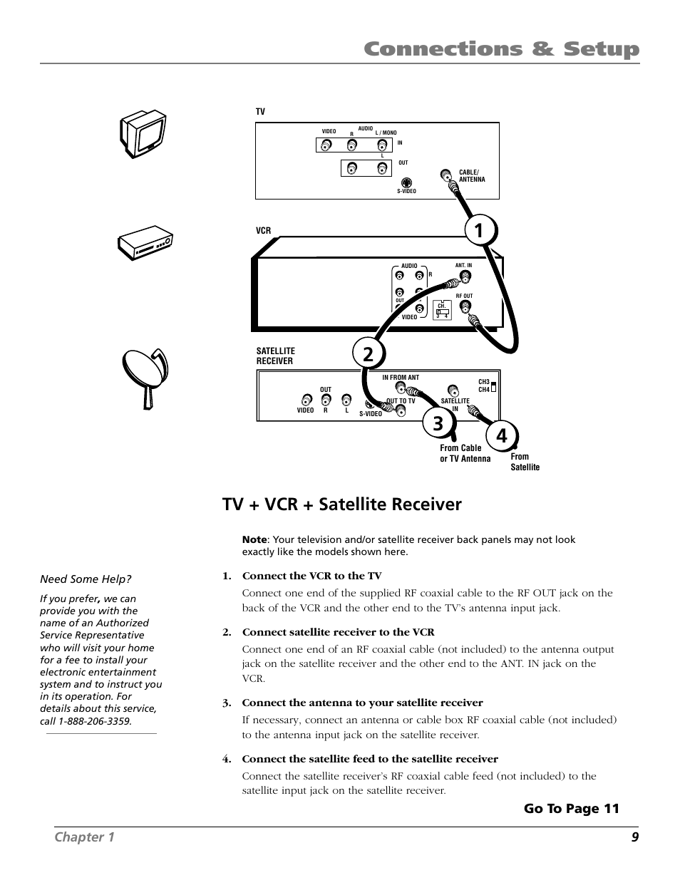 Tv + vcr + satellite receiver, Connections & setup, Chapter 1 9 | Go to page 11, Vcr tv satellite | RCA VR706HF User Manual | Page 11 / 64