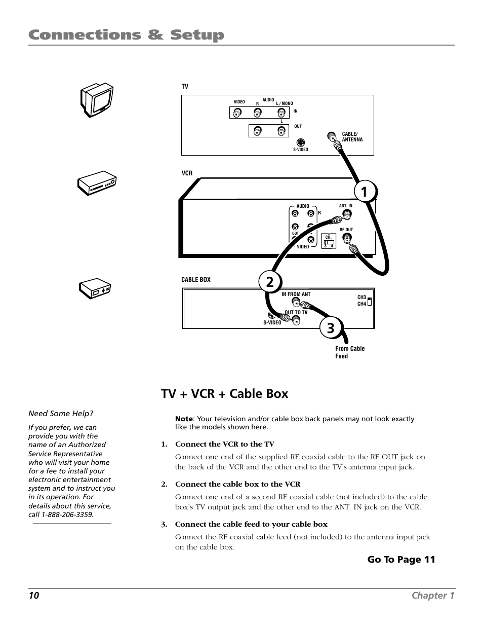 Tv + vcr + cable box, Connections & setup, 10 chapter 1 | Go to page 11, Tv ca ble bo x | RCA VR706HF User Manual | Page 12 / 64