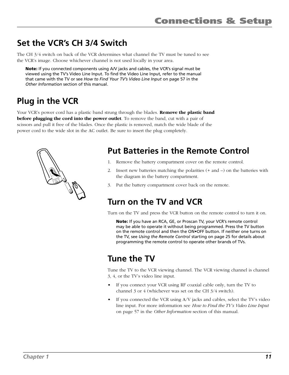 Set the vcr’s ch 3/4 switch, Plug in the vcr, Put batteries in the remote control | Turn on the tv and vcr, Tune the tv, Batteries (remote control), Remote, batteries, Vcr viewing channel, Connections & setup set the vcr’s ch 3/4 switch | RCA VR706HF User Manual | Page 13 / 64