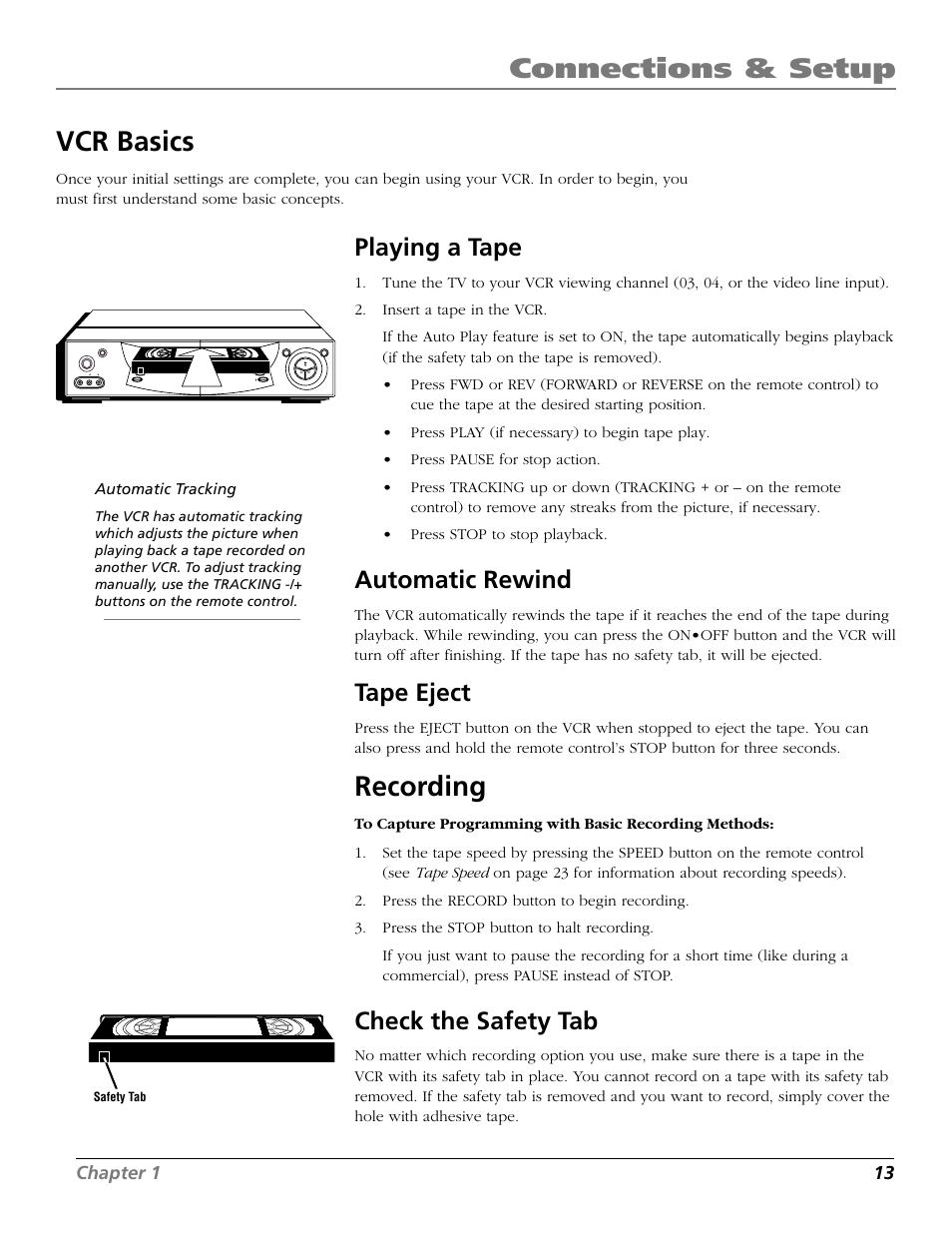 Vcr basics, Playing a tape, Automatic rewind | Tape eject, Recording, Check the safety tab, Auto play feature, Automatic tracking, Batteries (remote control), Eject button | RCA VR706HF User Manual | Page 15 / 64