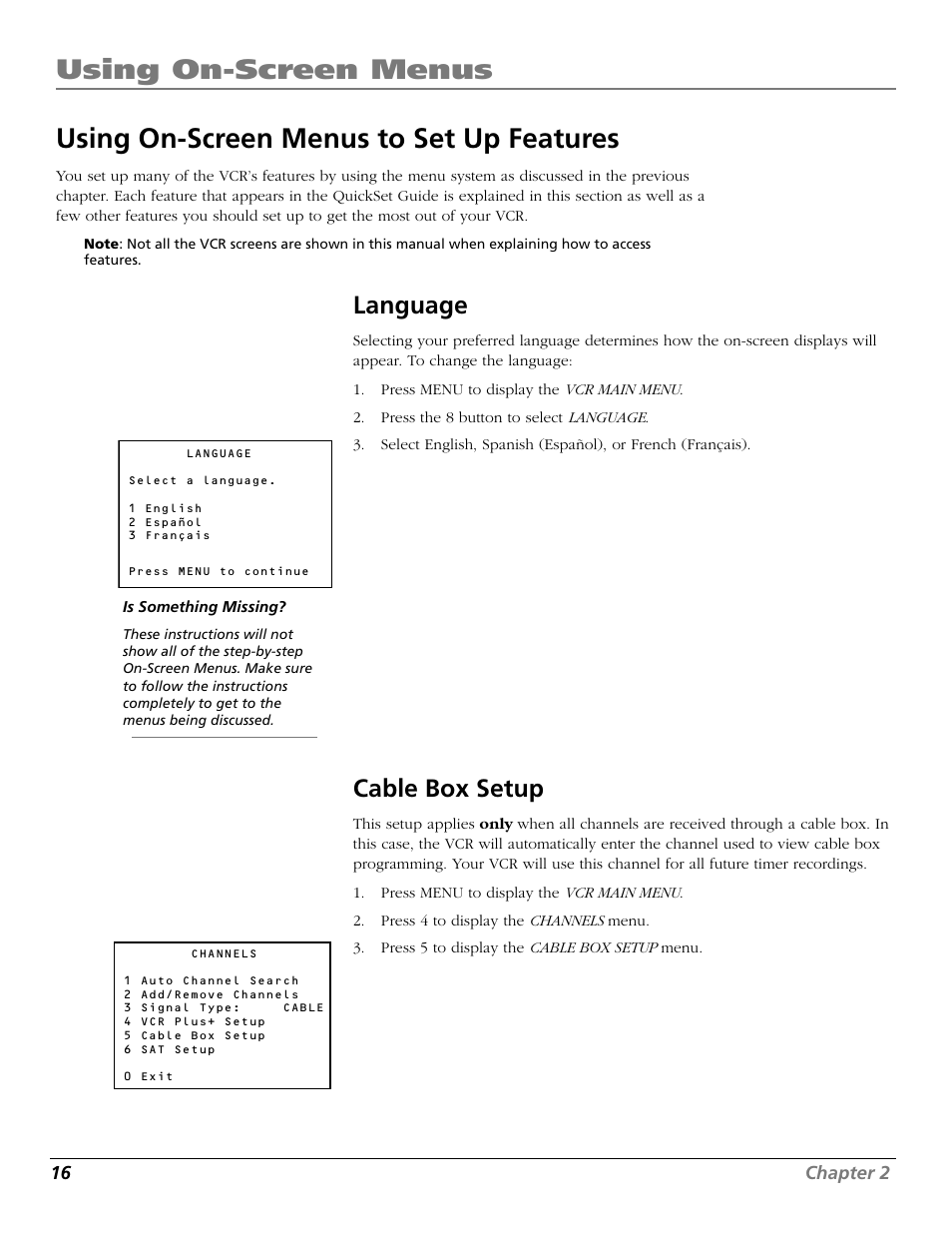 Using on-screen menus to set up features, Language, Cable box setup | Channels menu, Language menu, Menu button, Quickset guide, Cable box, Language feature, Using menu system | RCA VR706HF User Manual | Page 18 / 64