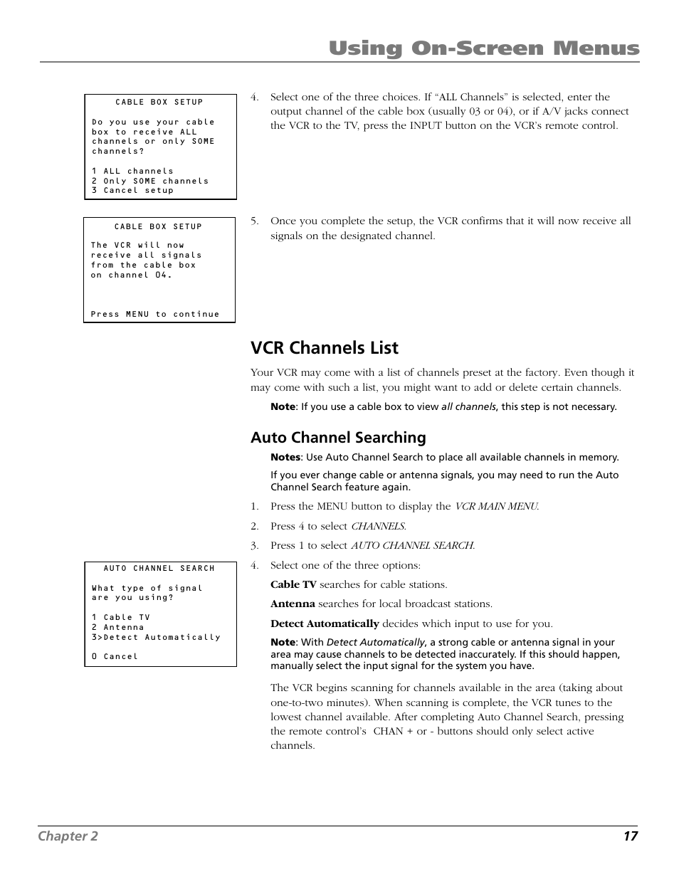 Vcr channels list, Auto channel searching, Audio/video (a/v) jacks | Auto channel search, Channel buttons, Using on-screen menus | RCA VR706HF User Manual | Page 19 / 64