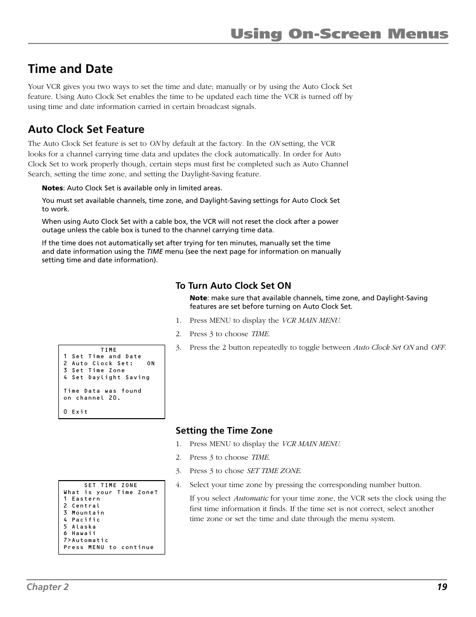 Time and date, Auto clock set feature, To turn auto clock set on | Setting the time zone, Auto clock feature, Date and time setting, Time zone, Time menu, Set time zone, To turn auto clock set on setting the time zone | RCA VR706HF User Manual | Page 21 / 64