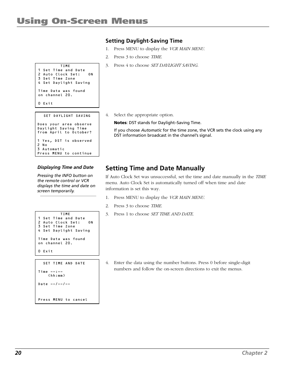 Setting daylight-saving time, Setting time and date manually, Number buttons | Daylight-saving, Using on-screen menus, 20 chapter 2 | RCA VR706HF User Manual | Page 22 / 64