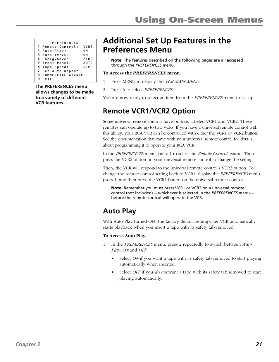 Additional set up features in the preferences menu, Remote vcr1/vcr2 option, Auto play | Preferences menu, Auto play feature, Remote vcr1/vcr2 option auto play | RCA VR706HF User Manual | Page 23 / 64