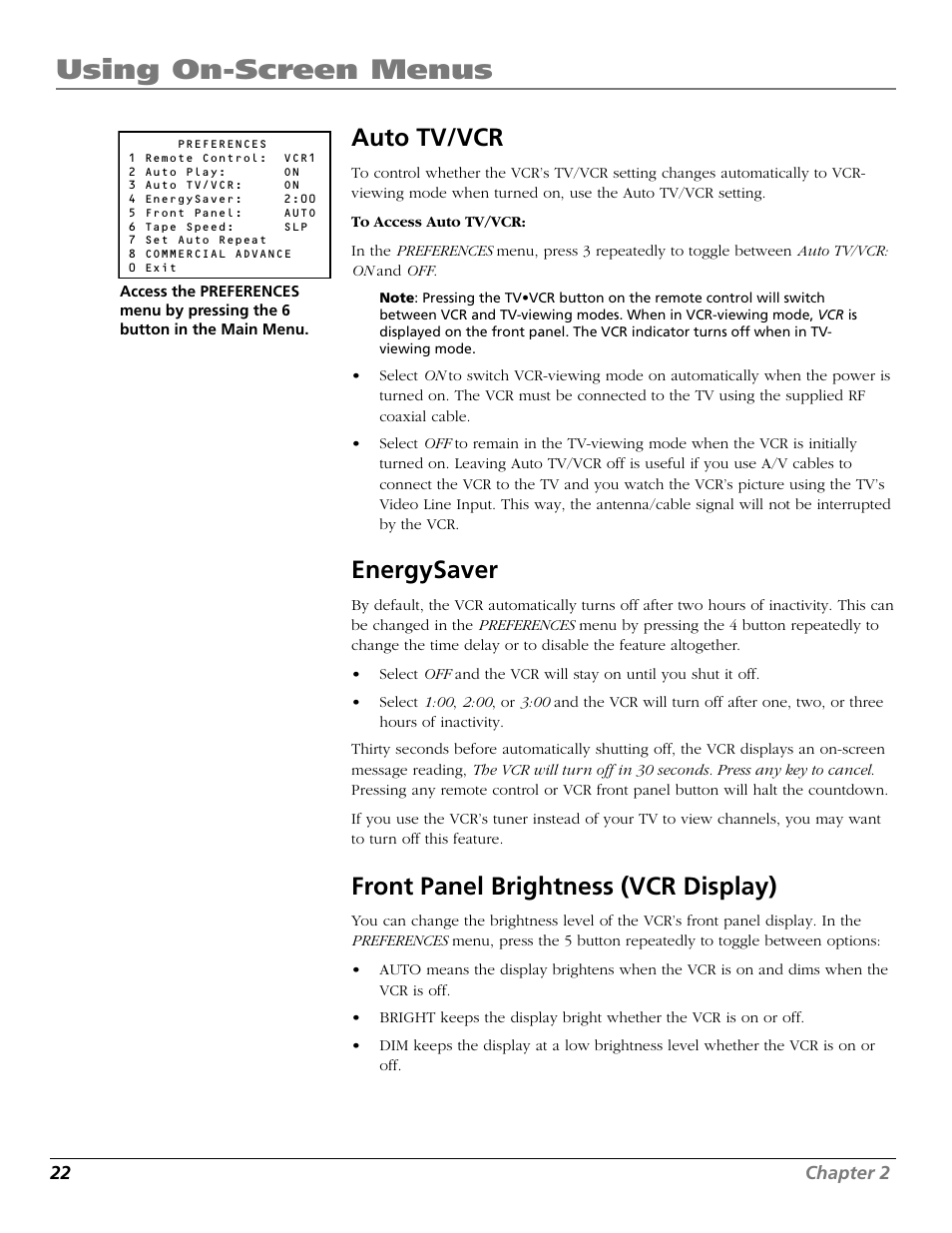 Auto tv/vcr, Energysaver, Front panel brightness (vcr display) | Auto tv/vcr feature, Energysaver feature, Front panel, Tv•vcr button, Using on-screen menus | RCA VR706HF User Manual | Page 24 / 64