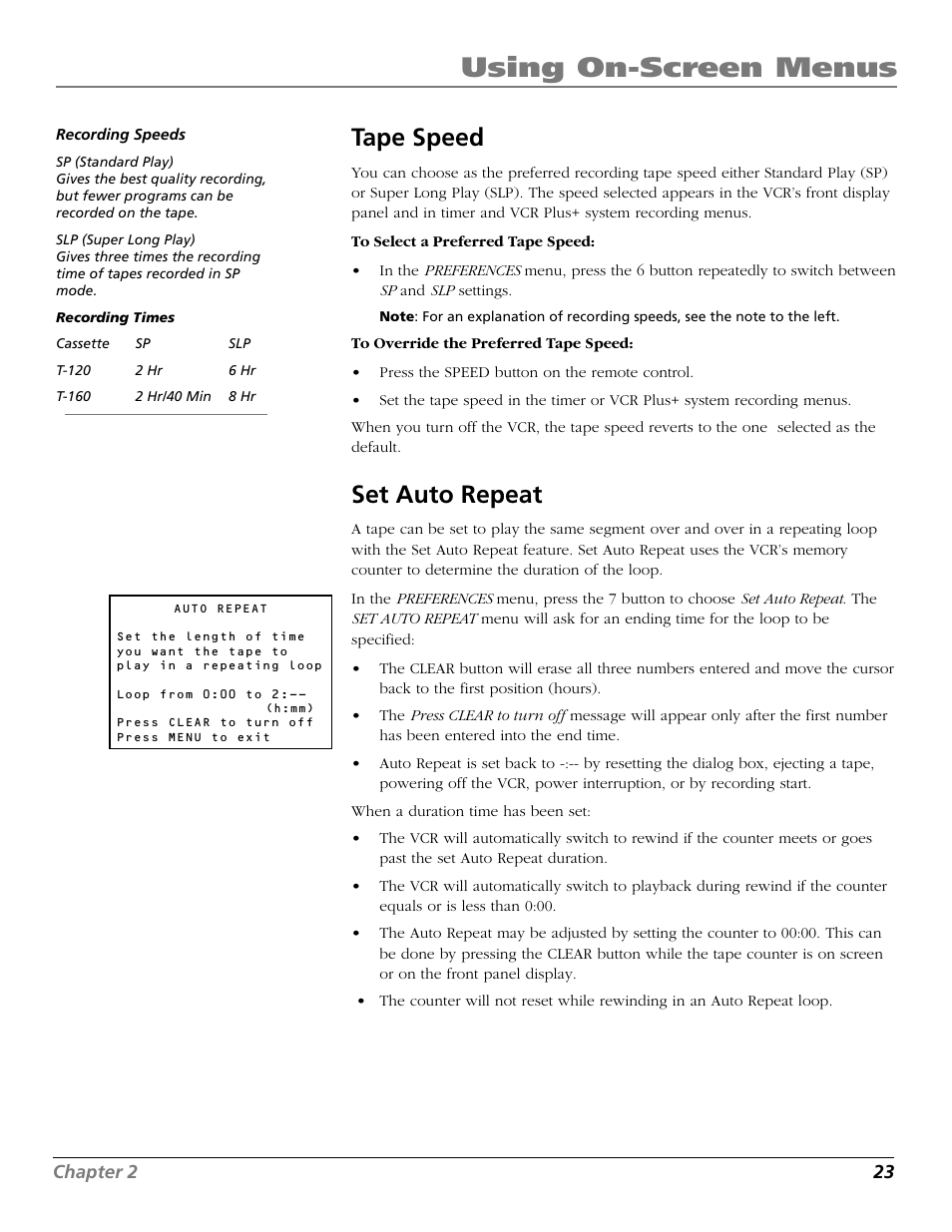 Tape speed, Set auto repeat, Speeds | Tape speed feature, Speeds, recording, Tape speeds, Tape speed set auto repeat, Using on-screen menus | RCA VR706HF User Manual | Page 25 / 64