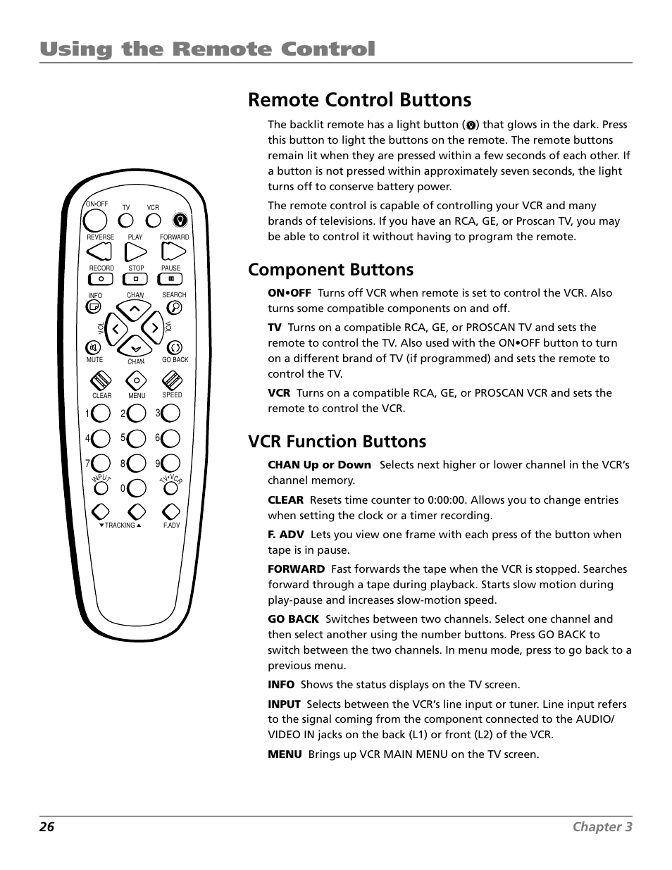 Remote control buttons, Auto channel search, Clear button | Component buttons, F. adv button, Go back button, Info button, Input button, Off button, Tv button | RCA VR706HF User Manual | Page 28 / 64